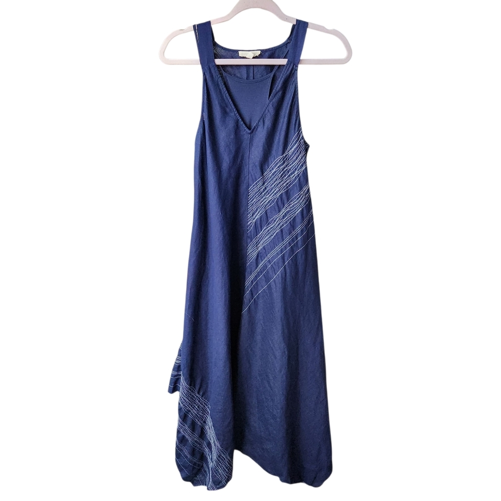 Eileen Fisher Navy Blue Irish Linen Asymmetric Handkerchief Hem Dress Sz M EUC - Picture 3 of 6